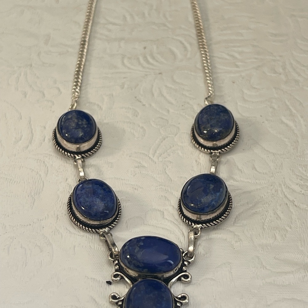 Vintage Blue Lapis Cabochon Sterling Silver 925 Filigree Beads Necklace 18.5” - Picture 4 of 9
